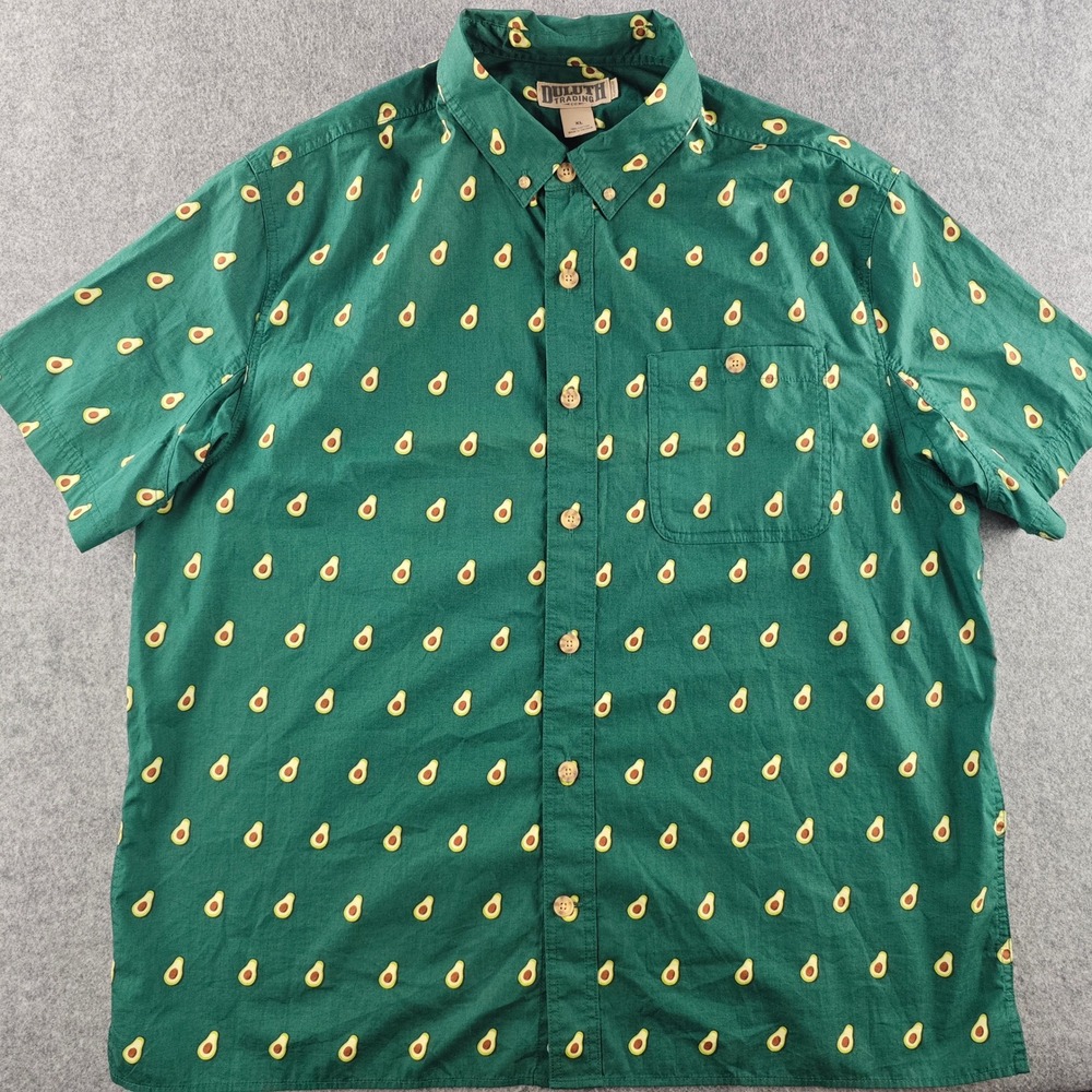 Duluth Trading Shirt Mens XL Relaxed Fit Green Avocado Print Short Sleeve Button